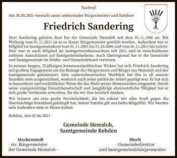 Traueranzeige von Friedrich Sandering von SYK