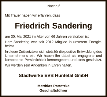 Traueranzeige von Friedrich Sandering von SYK