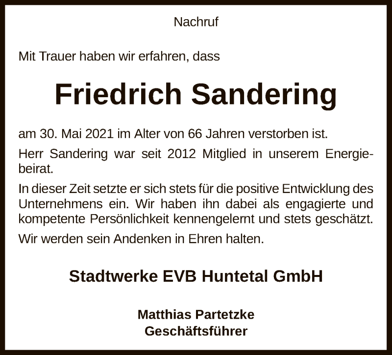  Traueranzeige für Friedrich Sandering vom 04.06.2021 aus SYK