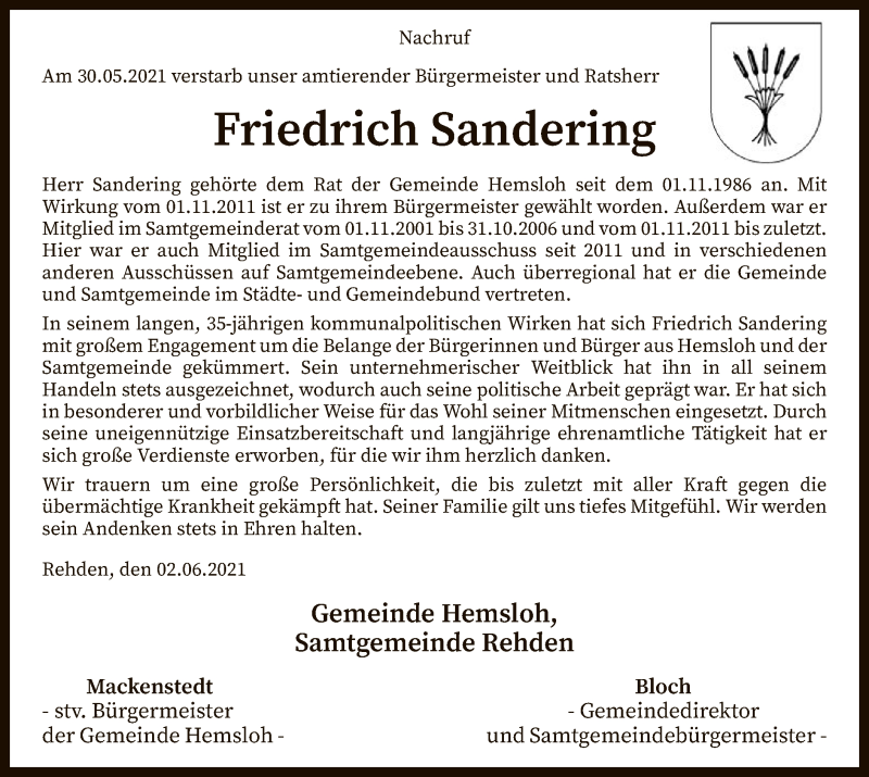  Traueranzeige für Friedrich Sandering vom 04.06.2021 aus SYK