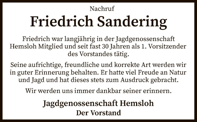  Traueranzeige für Friedrich Sandering vom 03.06.2021 aus SYK