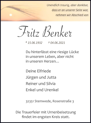 Traueranzeige von Fritz Benker von SYK