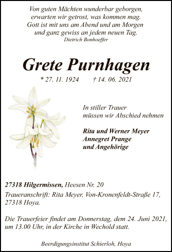 Traueranzeige von Grete Purnhagen von SYK