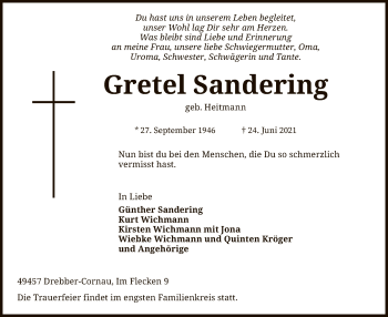 Traueranzeige von Gretel Sandering von SYK