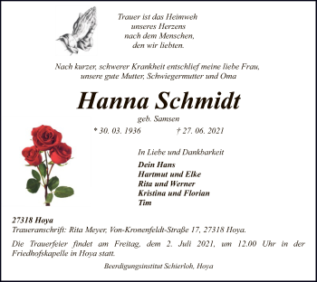 Traueranzeige von Hanna Schmidt von SYK