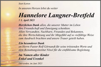 Traueranzeige von Hannelore Langner-Bretfeld von SYK