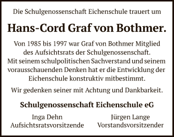 Traueranzeige von Hans-Cord Graf von Bothmer von SYK