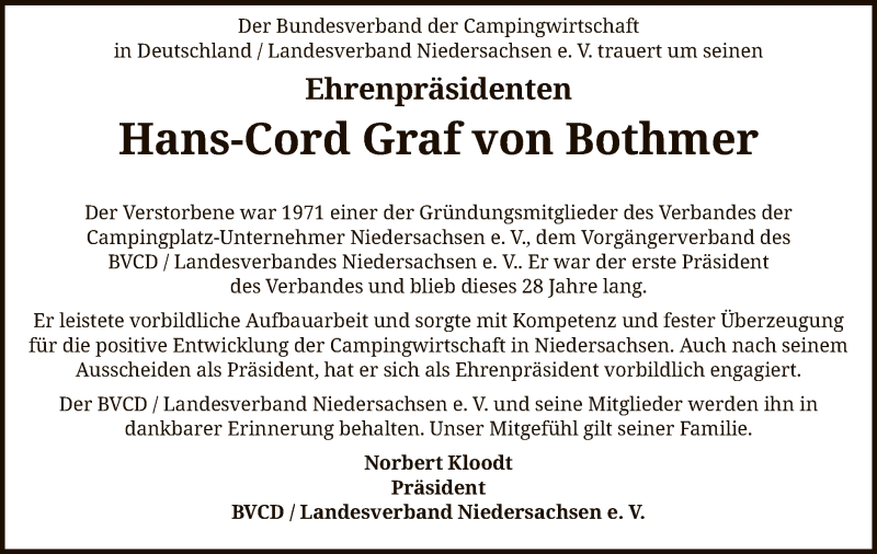  Traueranzeige für Hans-Cord Graf von Bothmer vom 01.06.2021 aus SYK