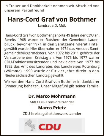 Traueranzeige von Hans-Cord Graf von Bothmer von SYK