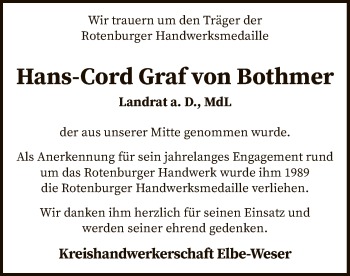 Traueranzeige von Hans-Cord Graf von Bothmer von SYK