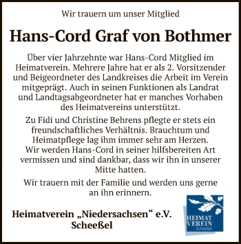 Traueranzeige von Hans-Cord Graf von Bothmer von SYK