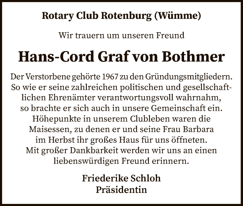  Traueranzeige für Hans-Cord Graf von Bothmer vom 01.06.2021 aus SYK