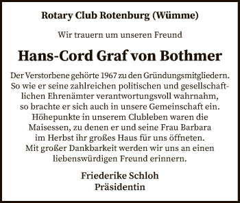 Traueranzeige von Hans-Cord Graf von Bothmer von SYK