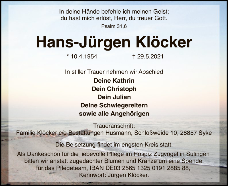  Traueranzeige für Hans-Jürgen Klöcker vom 02.06.2021 aus SYK