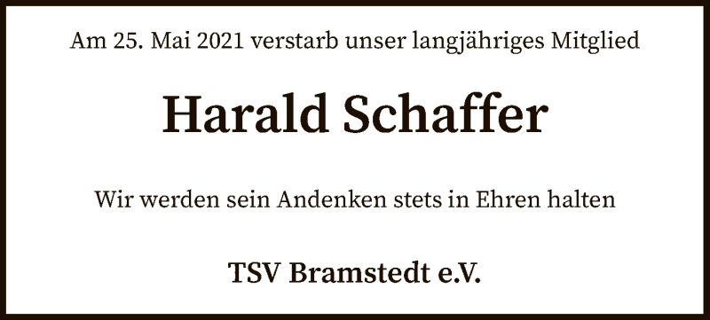  Traueranzeige für Harald Schaffer vom 01.06.2021 aus SYK