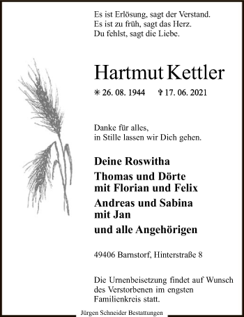 Traueranzeige von Hartmut Kettler von SYK