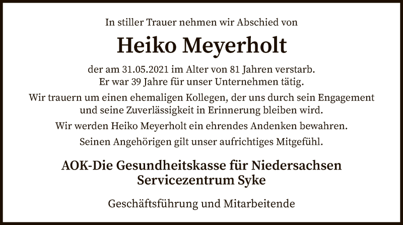  Traueranzeige für Heiko Meyerholt vom 09.06.2021 aus SYK