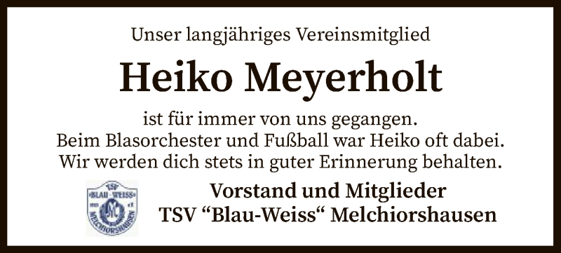  Traueranzeige für Heiko Meyerholt vom 08.06.2021 aus SYK