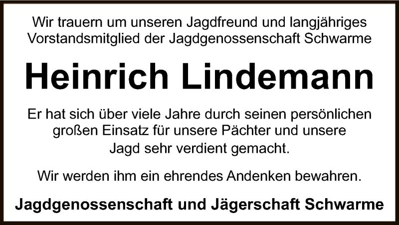  Traueranzeige für Heinrich Lindemann vom 26.06.2021 aus SYK