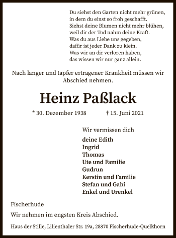 Traueranzeige von Heinz Paßlack von SYK