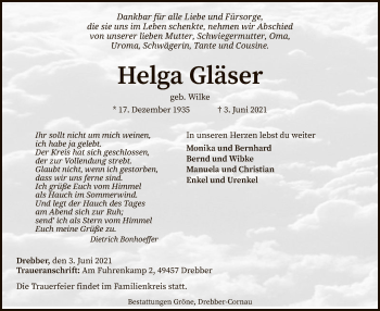 Traueranzeige von Helga Gläser von SYK