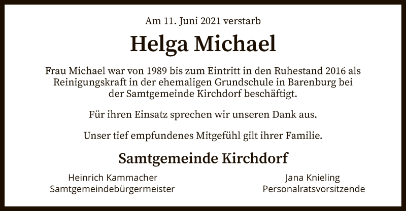  Traueranzeige für Helga Michael vom 17.06.2021 aus SYK
