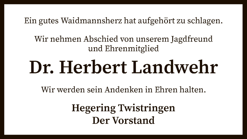  Traueranzeige für Herbert Landwehr vom 16.06.2021 aus SYK
