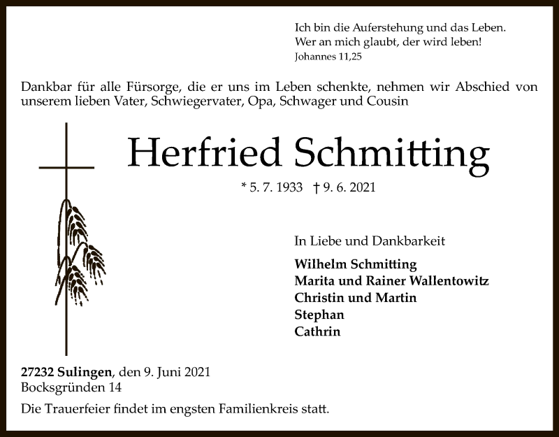  Traueranzeige für Herfried Schmitting vom 11.06.2021 aus SYK
