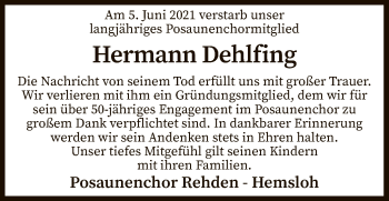 Traueranzeige von Hermann Dehlfing von SYK