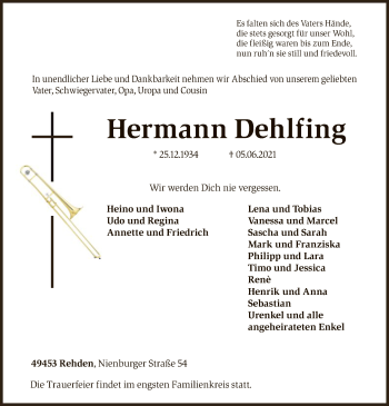 Traueranzeige von Hermann Dehlfing von SYK