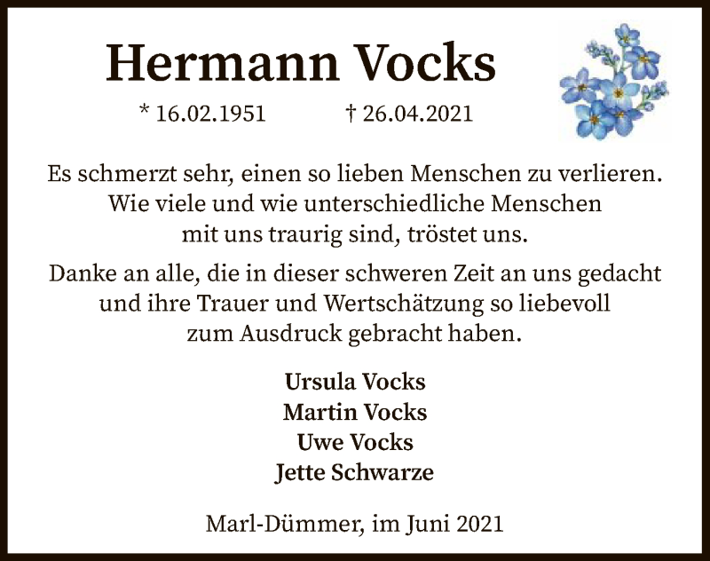  Traueranzeige für Hermann Vocks vom 05.06.2021 aus SYK