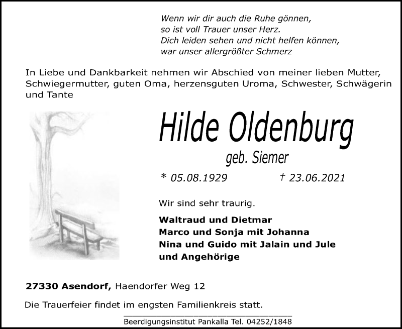  Traueranzeige für Hilde Oldenburg vom 26.06.2021 aus SYK