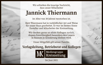 Traueranzeige von Jannick Thiermann von SYK