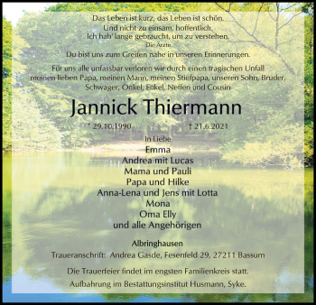 Traueranzeige von Jannick Thiermann von SYK