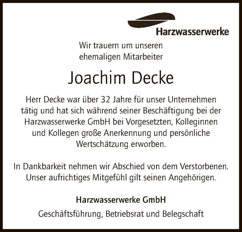  Traueranzeige für Joachim Decke vom 05.06.2021 aus SYK