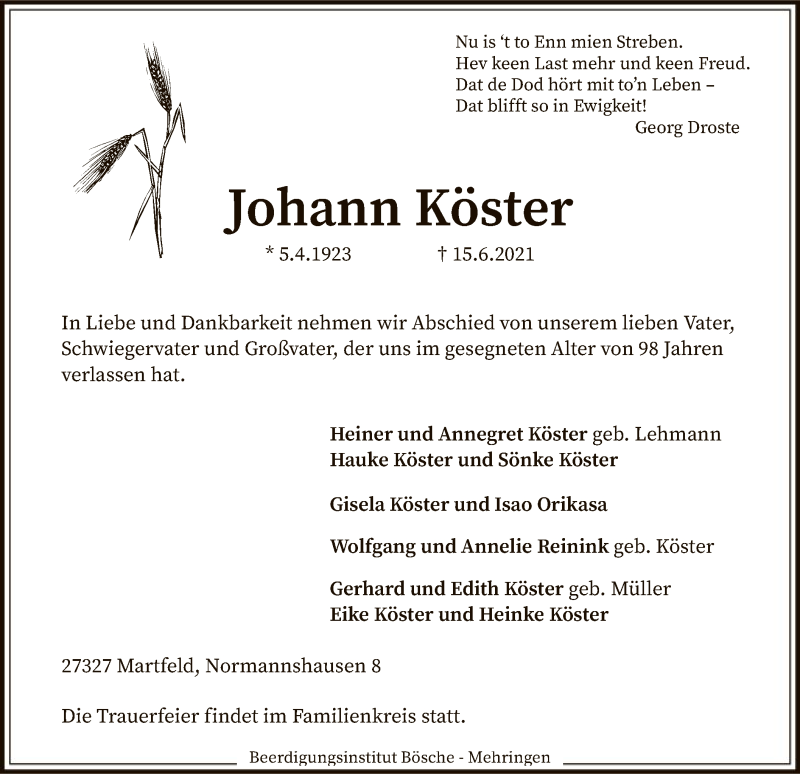  Traueranzeige für Johann Köster vom 19.06.2021 aus SYK