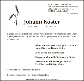 Traueranzeige von Johann Köster von SYK