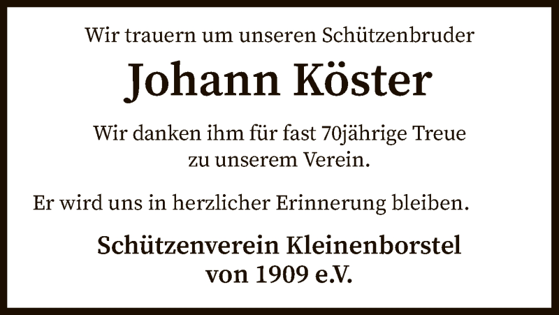  Traueranzeige für Johann Köster vom 19.06.2021 aus SYK