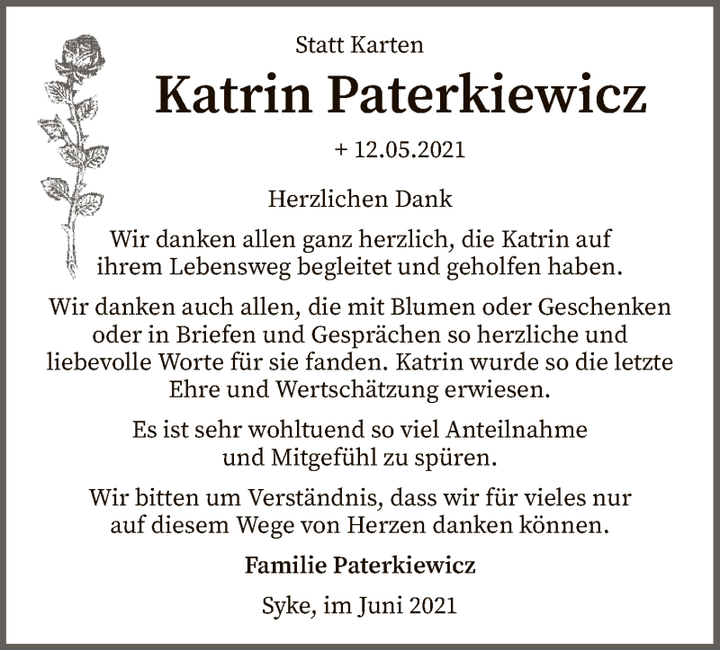  Traueranzeige für Katrin Paterkiewicz vom 05.06.2021 aus SYK