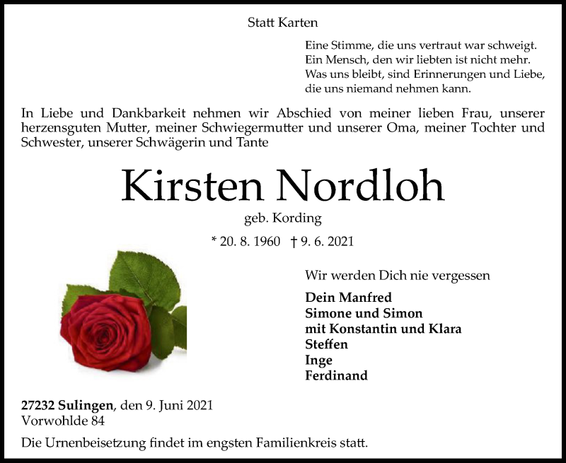  Traueranzeige für Kirsten Nordloh vom 12.06.2021 aus SYK