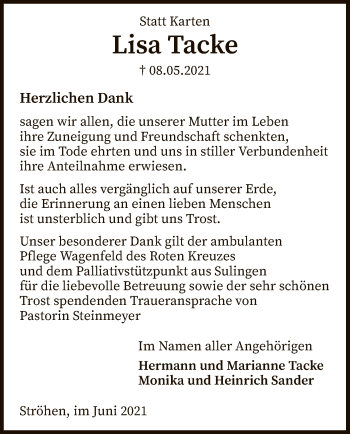 Traueranzeige von Lisa Tacke von SYK