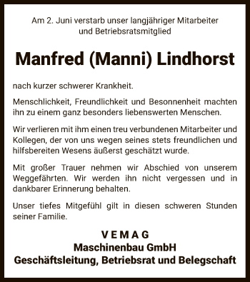 Traueranzeige von Manfred Lindhorst von SYK