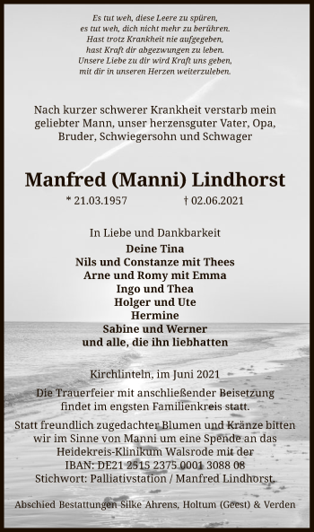 Traueranzeige von Manfred Lindhorst von SYK