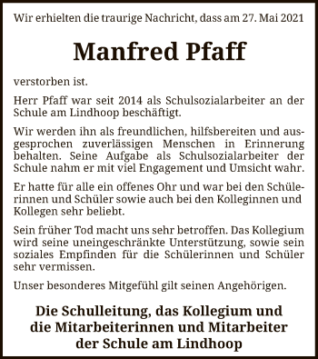 Traueranzeige von Manfred Pfaff von SYK