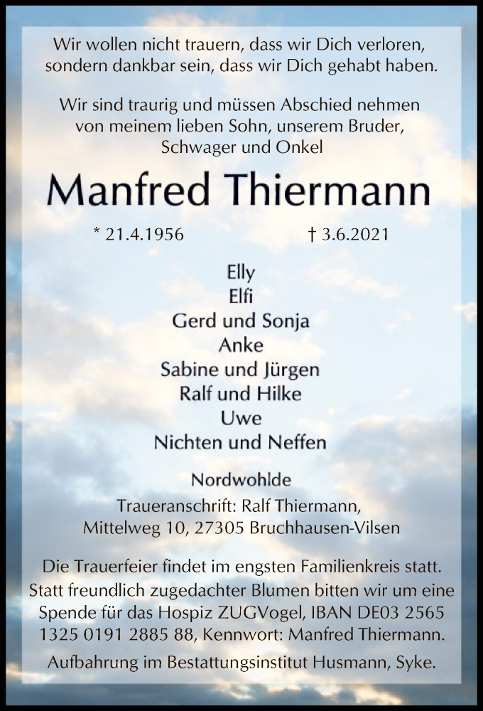  Traueranzeige für Manfred Thiermann vom 08.06.2021 aus SYK