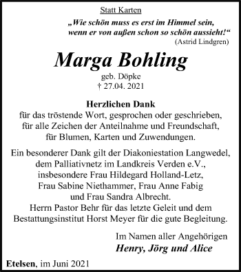 Traueranzeige von Marga Bohling von SYK