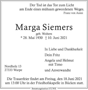 Traueranzeige von Marga Siemers von SYK