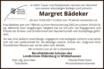 Traueranzeige von Margret Bädeker von SYK