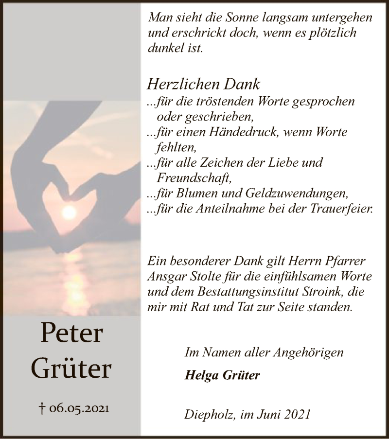  Traueranzeige für Peter Grüter vom 19.06.2021 aus SYK