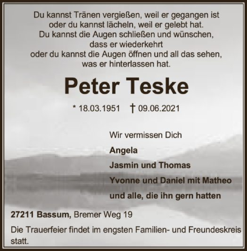  Traueranzeige für Peter Teske vom 19.06.2021 aus SYK